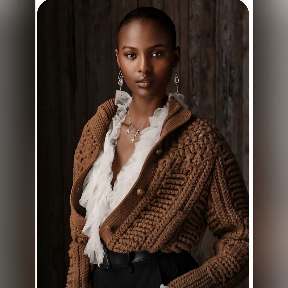 Ag Adriano Goldschmied Jeans Alpaca Wool Tan Camel Cable Knit Cardigan Unisex - Picture 15 of 16